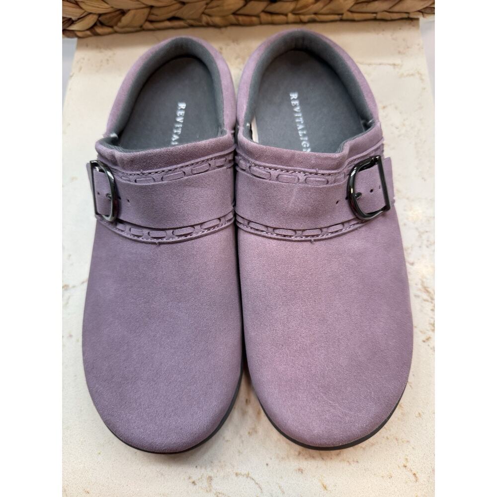Revitalign 9B Leather Slip On Mules Light Purple Buckle Detail New